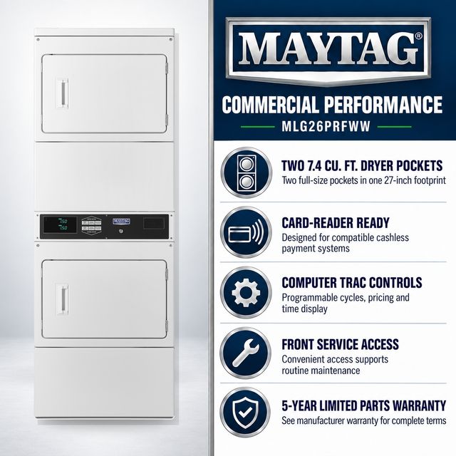 Maytag Commercial MLG26PRFWW Two-Pocket Card-Reader-Ready Gas Stacked Dryer, 14.8 Cu. Ft. Total Capacity, White-3