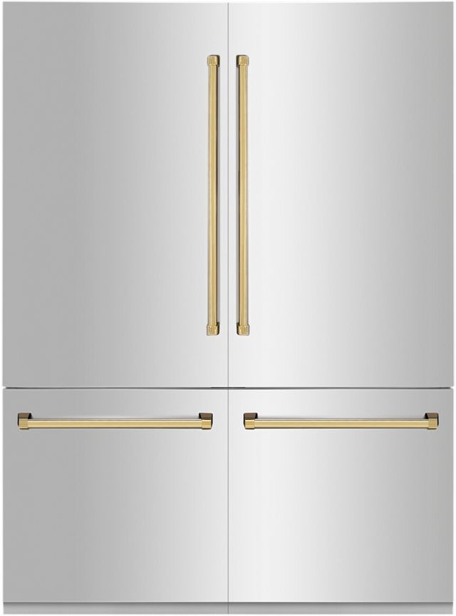 ZLINE Autograph Edition 60" 32.2 Cu. Ft. Stainless Steel Built In French Door Refrigerator with Water Dispenser and Ice Maker in Polished Gold Accents-0