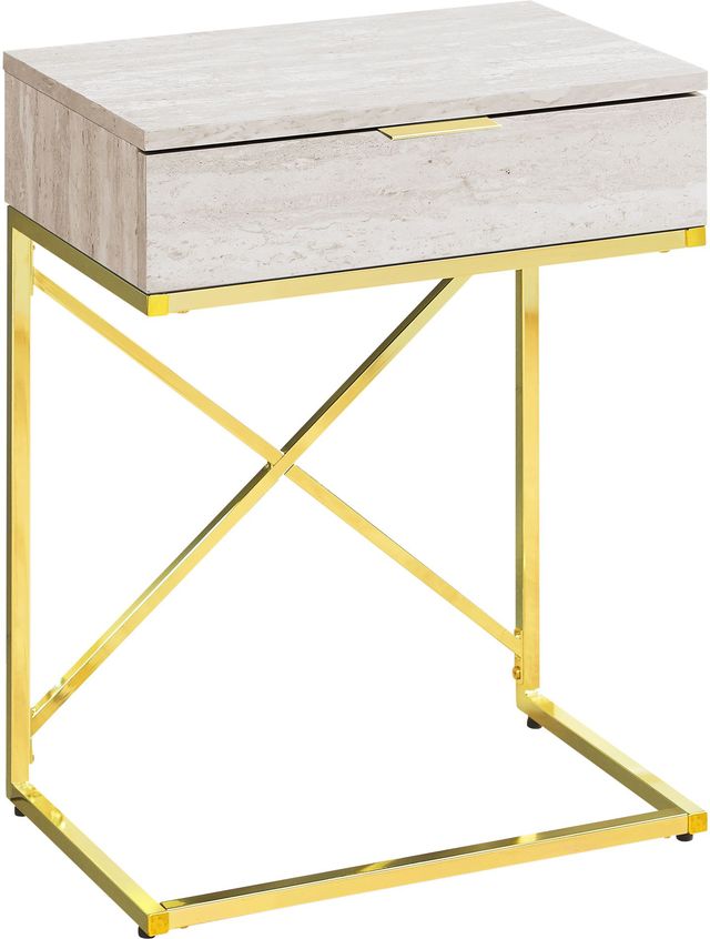 Monarch Specialties Inc. Beige Marble 24"H Drawer Accent Table with Gold Metal Base-0