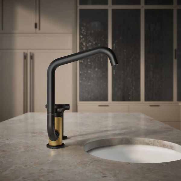 KOHLER® Billet® Brushed Moderne Brass/Matte Black Single Round-Handle Bar Sink Faucet with 2-Function Extended-Reach Spout and Side Sprayer-4