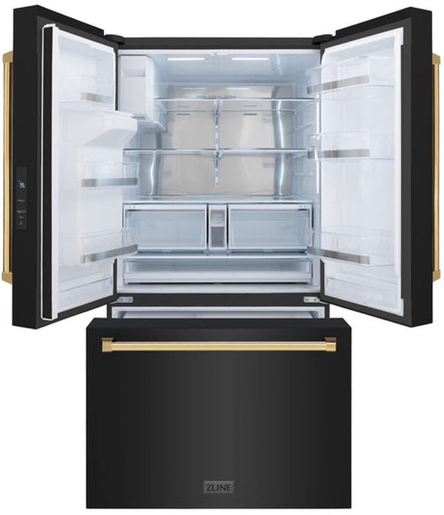 ZLINE Autograph Edition 36" 28.9 Cu. Ft. Black Stainless Steel Freestanding French Door Refrigerator with Dual Ice Maker and Polished Gold Traditional Handles-1