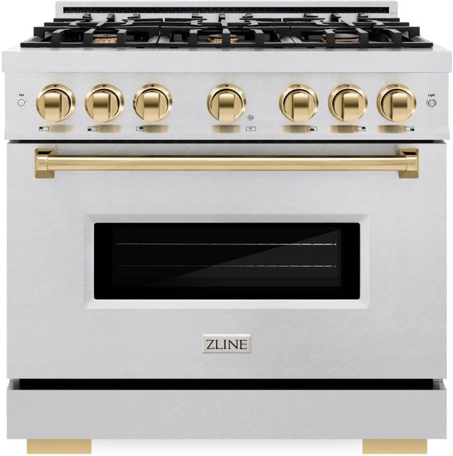 ZLINE Classic Autograph Edition 36" Satin Stainless Steel Pro Style Dual Fuel Range with Polished Gold Accents-0