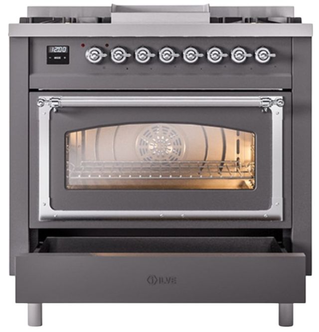 Ilve® Nostalgie II Noblesse 36'' Graphite Matte Pro Style Dual Fuel Range with Chrome Trim-3