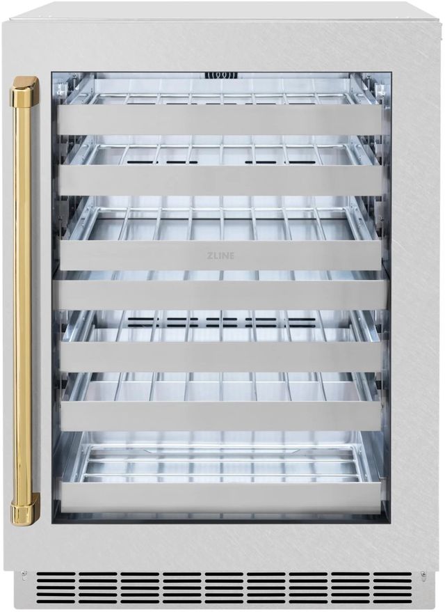 ZLINE Autograph Edition Touchstone 24" 4.8 Cu. Ft. Satin Stainless Steel Wine Cooler with Glass Door and Polished Gold Handle-0