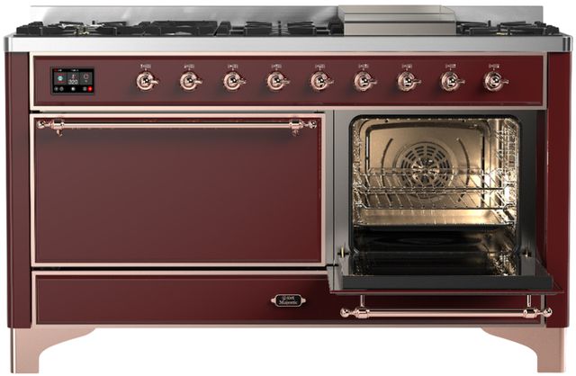 Ilve® Majestic III 60" Burgundy Pro Style Dual Fuel Natural Gas Range with Solid Door and Copper Trim-3