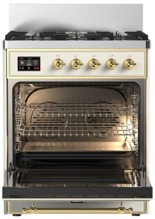 Ilve® Majestic III 30" Antique White Pro Style Dual Fuel Liquid Propane Range with 5 Black Brass Burners and Brass Trim-1
