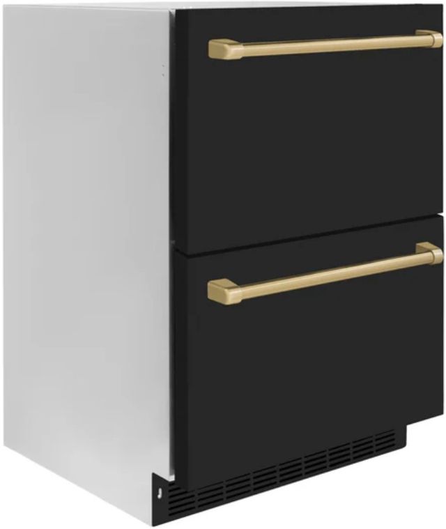 ZLINE Autograph Edition 24" Touchstone 168 Can Outdoor-Rated Dual Refrigerator Drawer with Black Matte Doors and Champagne Bronze Handles-1