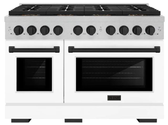 ZLINE Autograph Edition Paramount 48" 6.7 Cu. Ft. Satin Stainless Steel Dual Fuel Range with 8 Burner DuoPro™ Cooktop and Dual Ovens with White Matte Doors and Matte Black Accents-0