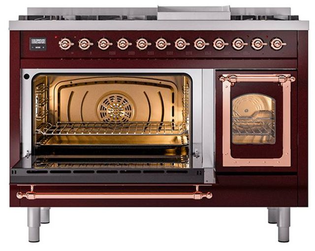 Ilve® Nostalgie II Noblesse 48'' Burgundy Pro Style Dual Fuel Range with Copper Trim-3