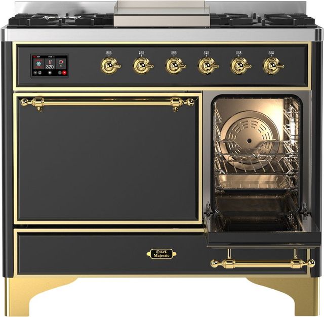 Ilve® Majestic III 40" Graphite Matte Pro Style Dual Fuel Liquid Propane Range with Solid Door and Brass Trim-3