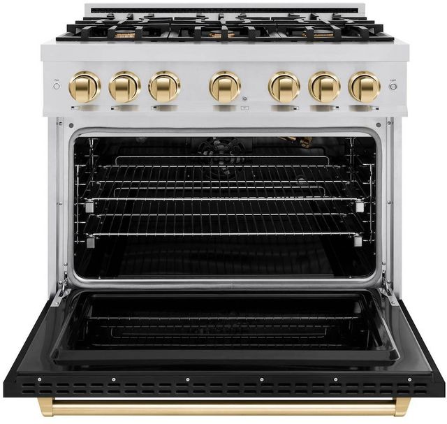 ZLINE Classic 36" Stainless Steel Pro Style Gas Range with Black Matte Door and Polished Gold Accents -1