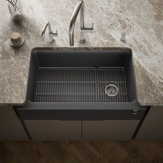 KOHLER® Cairn® Matte Graphite 34" Undermount Single-Bowl Farmhouse Kitchen Sink with Fluted Design-1