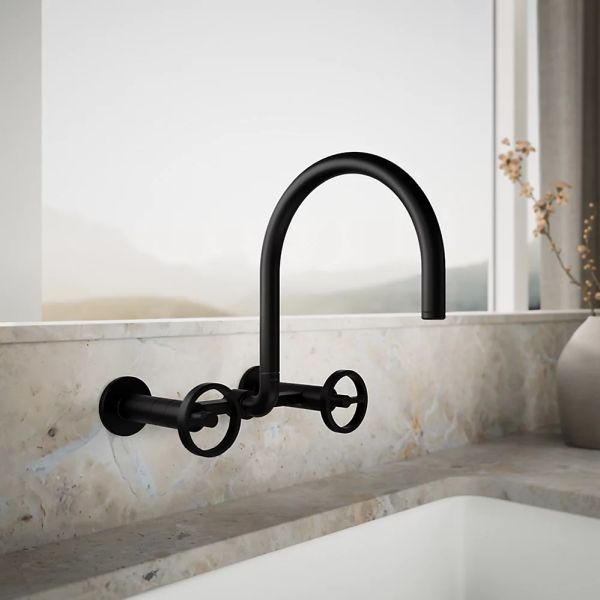 KOHLER® Billet® Matte Black 12" 2-Hole Wall-Mount Bridge Kitchen Sink Faucet with Round Handles-1