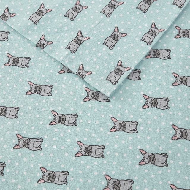 Olliix by True North by Sleep Philosophy Aqua French Bulldog Full Cozy 100% Cotton Flannel Printed Sheet Set-2