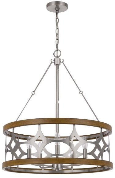Cal® Lighting & Accessories Abingdon Brushed Steel/Oak Laser Cut Metal Chandelier-0