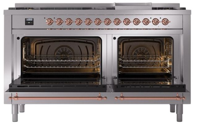 Ilve® Nostalgie II Noblesse 60'' Stainless Steel Pro Style Dual Fuel Range with Copper Trim-1