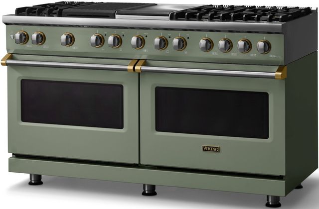 Viking® 5 Series 60" Eucalyptus Pro Style Dual Fuel (LP) Range with Brushed Brass Trim-2
