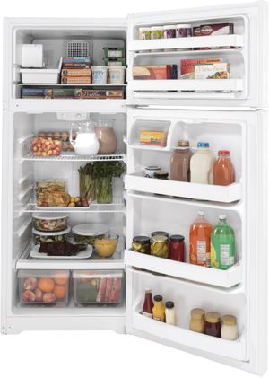 Front view of GE GIE18DTNRWW top freezer refrigerator with an internal ice maker