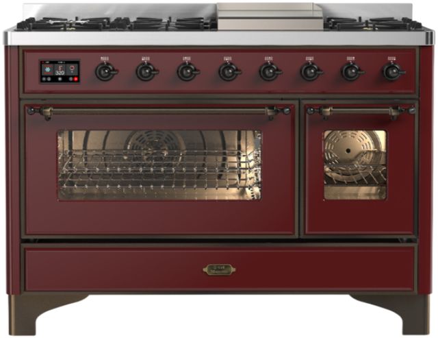 Ilve® Majestic III 48" Burgundy Pro Style Dual Fuel Natural Gas Range with Triple Glass Door and Burnished Trim-0