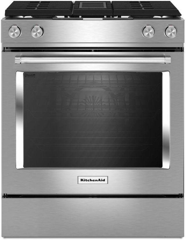 KitchenAid® 30" Stainless Steel Downdraft Slide In Dual Fuel Range-7