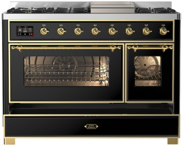 Ilve® Majestic III 48" Glossy Black Pro Style Dual Fuel Natural Gas Range with Triple Glass Door and Brass Trim-1