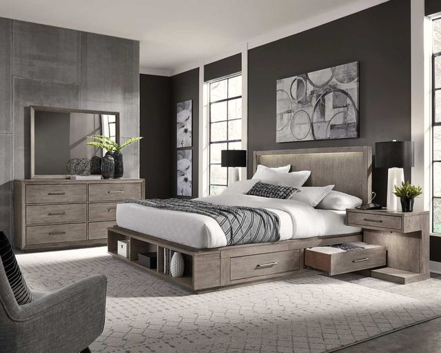 aspenhome® Platinum Gray Linen Queen Bookcase Storage Bed-2