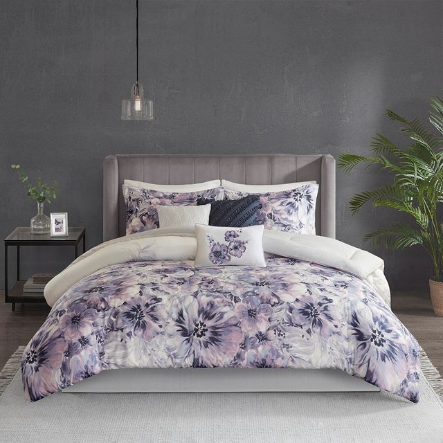 Olliix by Madison Park 7 Piece Purple King Enza Cotton Printed Comforter Set-0