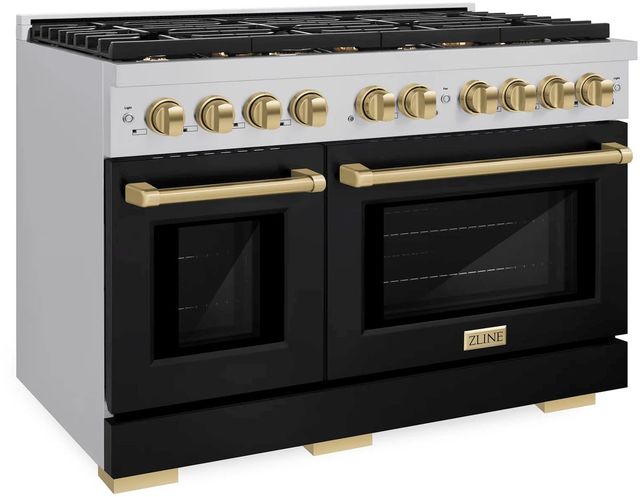 ZLINE Autograph Edition Paramount 48" Stainless Steel Pro Style Dual Fuel Range with Black Matte Door and Champagne Bronze Accents-2