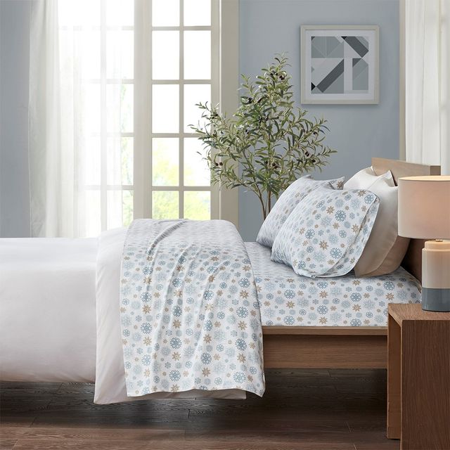 Olliix by True North by Sleep Philosophy Tan/Blue Snowflakes King Cozy Flannel 100% Cotton Flannel Printed Sheet Set-3