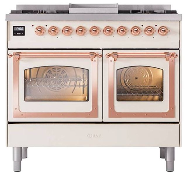 Ilve® Nostalgie II Noblesse 40'' Antique White Pro Style Dual Fuel Range with Copper Trim-1