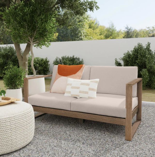 Linon Brinley Beige/Natural Brown Eucalyptus/Fabric Outdoor 2-Seater Sofa-1