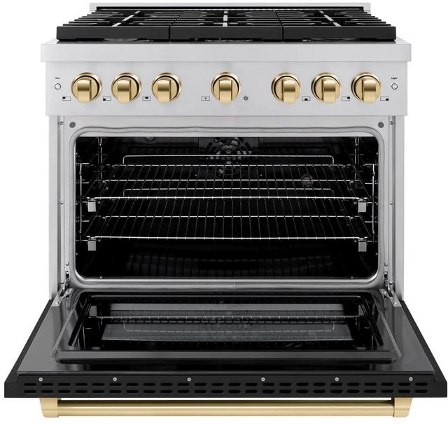 ZLINE Autograph Edition Paramount 36" Stainless Steel Pro Style Dual Fuel Range with Black Matte Door and Polished Gold Accents-1