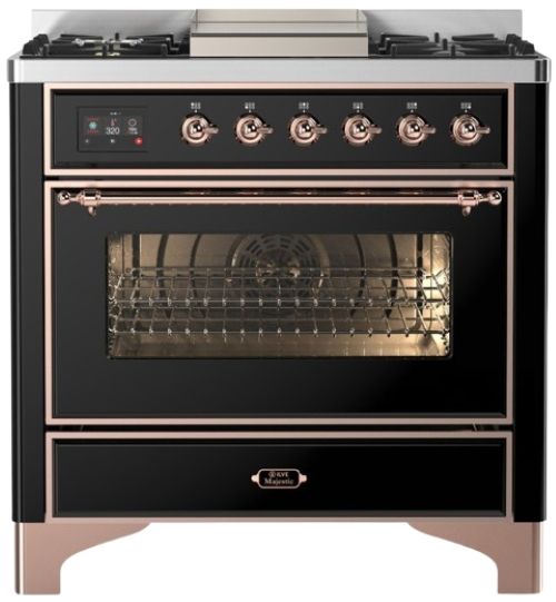 Ilve® Majestic III 36" Glossy Black Pro Style Dual Fuel Natural Gas Range with 6 Black Brass Burners and Copper Trim-0