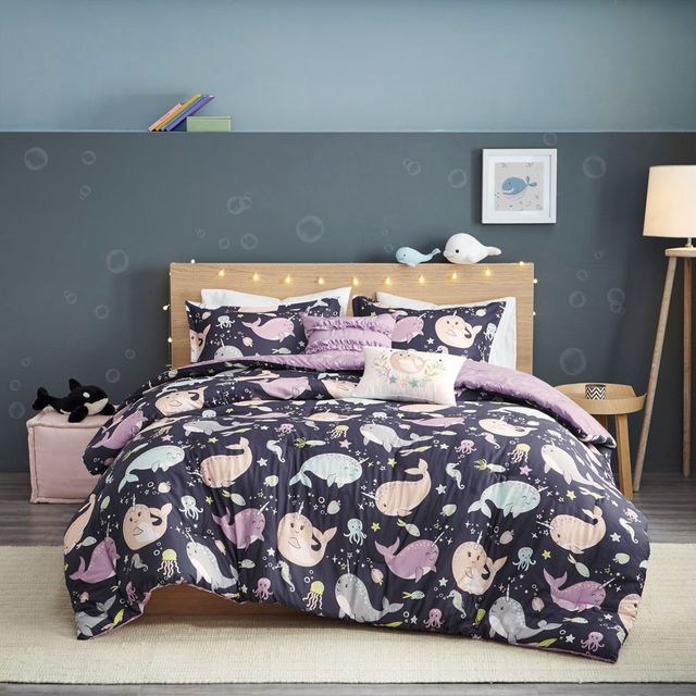 Olliix by Urban Habitat Kids Magical Narwhals Cotton Reversible Purple Multi Twin Comforter Set-0