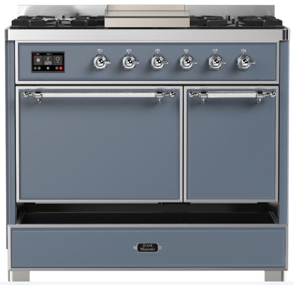 Ilve® Majestic III 40" Blue Gray Pro Style Dual Fuel Liquid Propane Range with Solid Door and Chrome Trim-2
