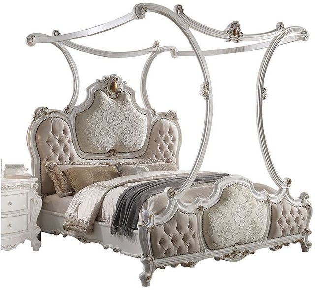 ACME Furniture Picardy Antique Pearl Upholstered Eastern King Canopy Bed