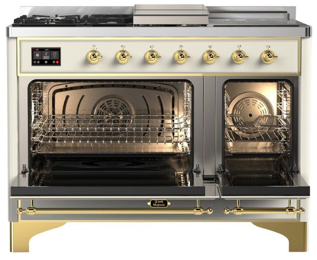 Ilve® Majestic III 48" Antiqued White Pro Style Dual Fuel Liquid Propane Range with Triple Glass Door and Brass Trim-1
