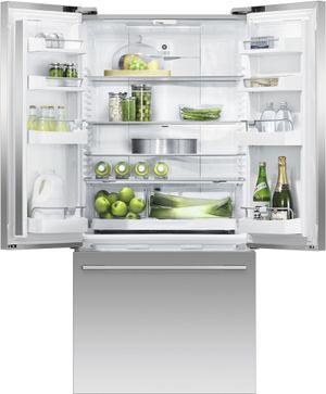 front view of the opened Fisher & Paykel Series 7 32 in. 16.9 Cu. Ft. Stainless Steel Counter Depth French Door Refrigerator