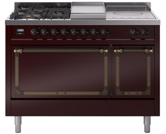 Ilve® Nostalgie II Noblesse 48'' Burgundy Pro Style Dual Fuel Range with Burnished Trim-0