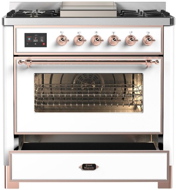 Ilve® Majestic III 36'' White Pro Style Dual Fuel Natural Gas Range with Triple Glass Door and Copper Trim-1