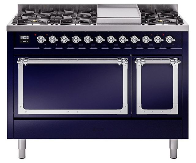 Ilve® Nostalgie II Noblesse 48'' Midnight Blue Pro Style Dual Fuel Range with Chrome Trim-0