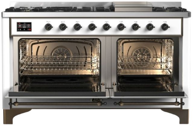 Ilve® Majestic III 60" White Pro Style Dual Fuel Liquid Propane Range with Triple Glass Door and Burnished Trim-1