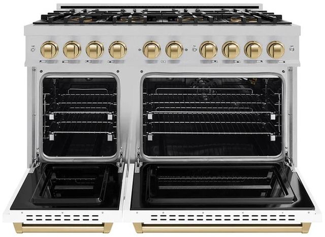 ZLINE Autograph Edition 48" 6.7 cu. ft.Gas Range with 8 Burner DuoPro™ Cooktop and Dual Ovens in Satin Stainless Steel with White Matte Doors and Champagne Bronze Accents -1
