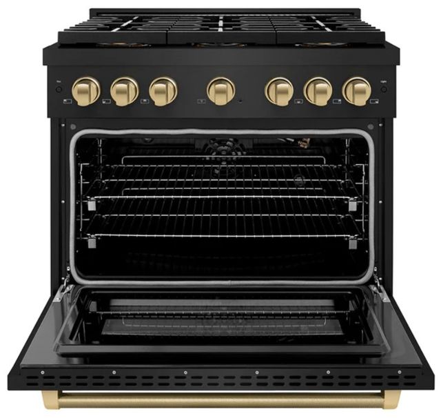 ZLINE Autograph Edition Paramount 36" 5.2 Cu. Ft. Black Stainless Steel Gas Range with 6 Burner DuoPro™ Cooktop and Convection Gas Oven with Champagne Bronze Helix Handle and Accents-1