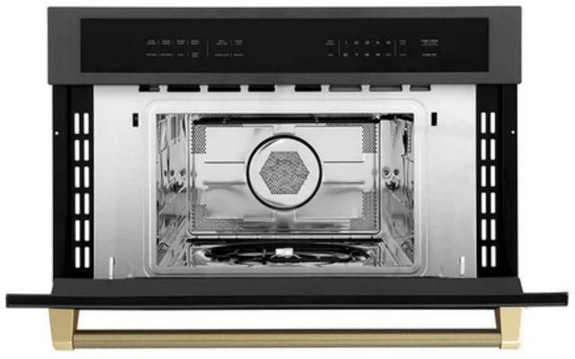 ZLINE Autograph Edition 30" 1.6 Cu. Ft. Black Stainless Steel Built-in Convection Microwave Oven with Polished Gold Helix Handle-4