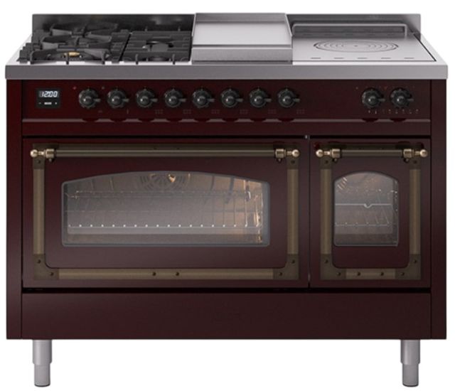 Ilve® Nostalgie II Noblesse 48'' Burgundy Pro Style Dual Fuel Range with Burnished Trim-0