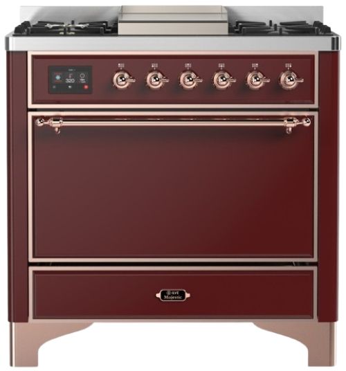 Ilve® Majestic III 36" Burgundy Pro Style Dual Fuel Natural Gas Range with Solid Door and Copper Trim-0