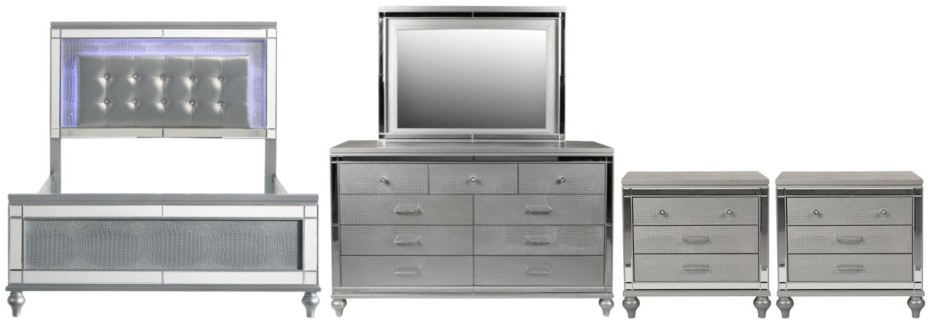 New Classic® Home Furnishings Valentino 5-Piece Silver Queen Upholstered Bedroom Set with Two Nightstands