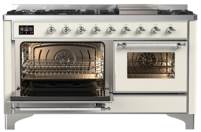 Ilve® Majestic III 60" Antique White Pro Style Dual Fuel Liquid Propane Range with Triple Glass Door and Chrome Trim-3