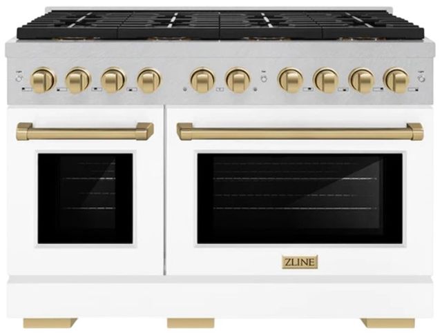 ZLINE Autograph Edition Paramount 48" 6.7 Cu. Ft. Satin Stainless Steel Gas Range with 8 Burner DuoPro™ Cooktop, Dual Ovens, White Matte Doors and Champagne Bronze Accents-0